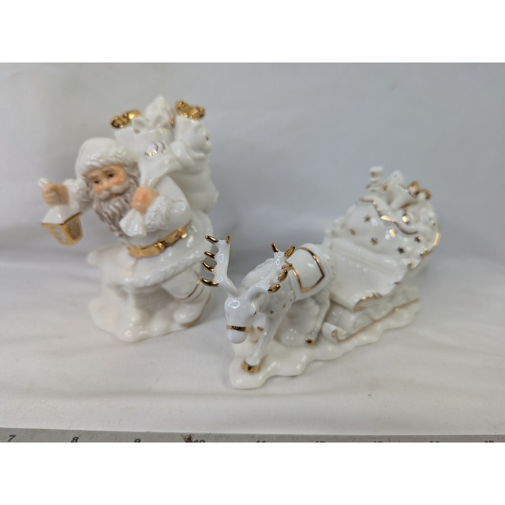 Porcelain Santa Claus Chimney Sleigh Reindeer Figures Lot White Gold Christmas